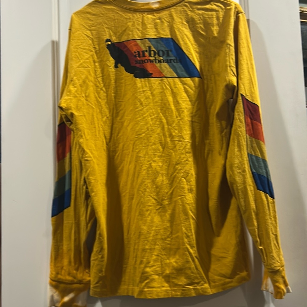 Arbor Snowboards graphic long sleeve T-Shirt mustard color tie dye detail trim M